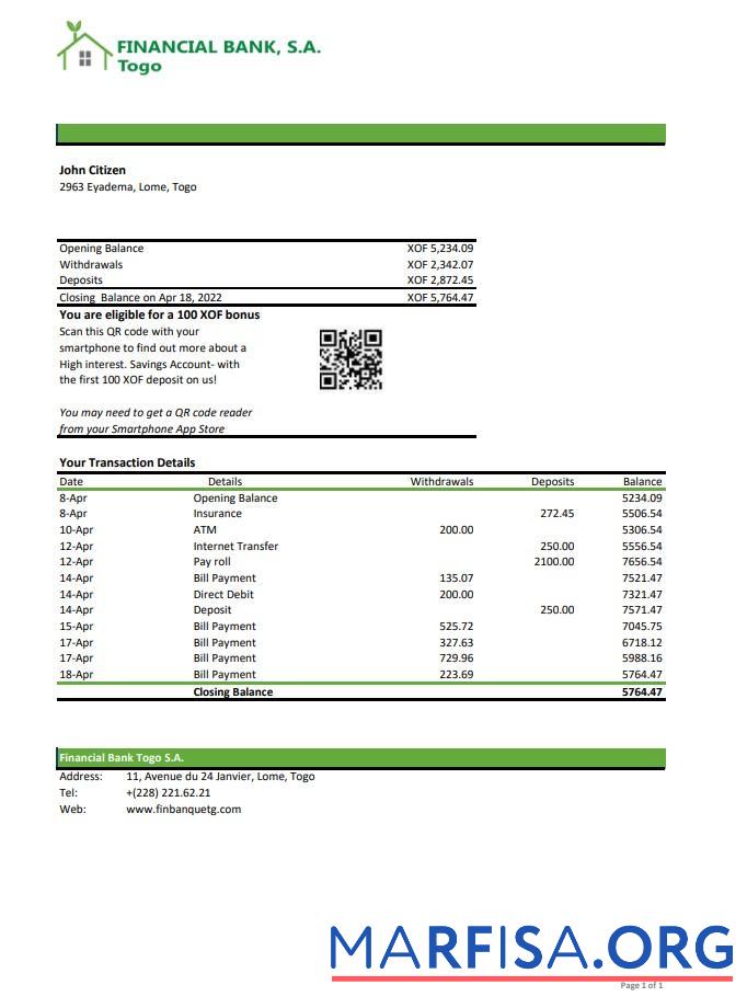 Realistic Togo Financial bank statement excel download for verification